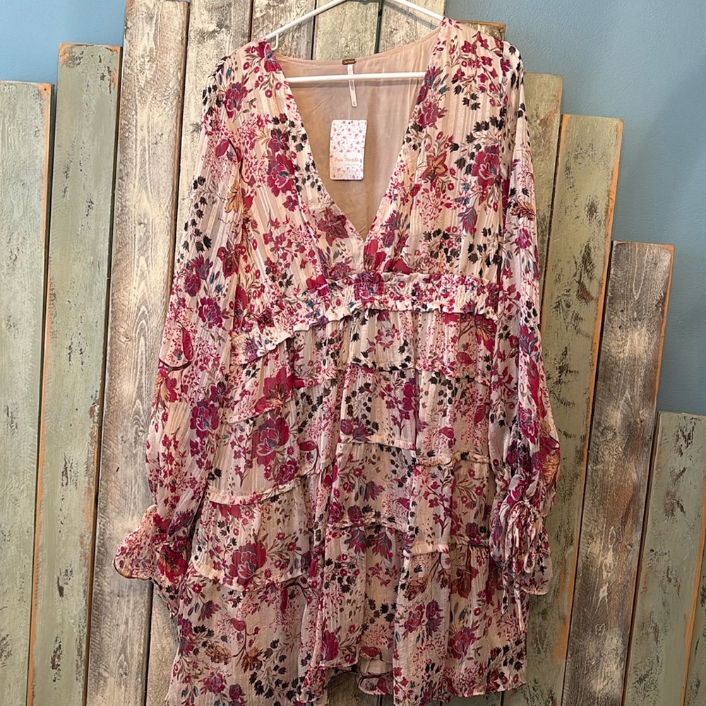 Free People Floral Ruffled Mini Dress in Blush Pink and Burgundy